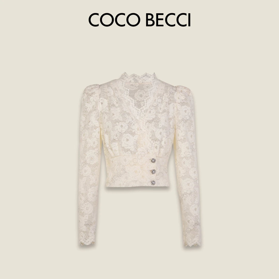 COCO BECCI【白玫瑰】绒毛轻熟优雅气质V领蕾丝小衫CFXYC214010