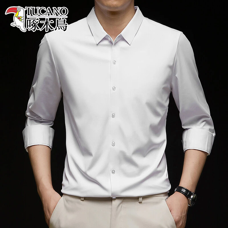 啄木鸟弹力免烫男士易打理长袖衬衫2025春季商务正装工装白衬衣