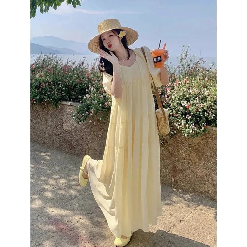 大码2-300斤慵懒风雪纺V领连衣裙女夏季胖mm气质宽松a字大摆长裙