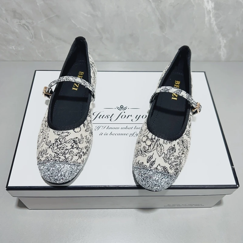 国风布面亮片圆头一字带玛丽珍鞋女2025春夏新款舒适软底平底单鞋