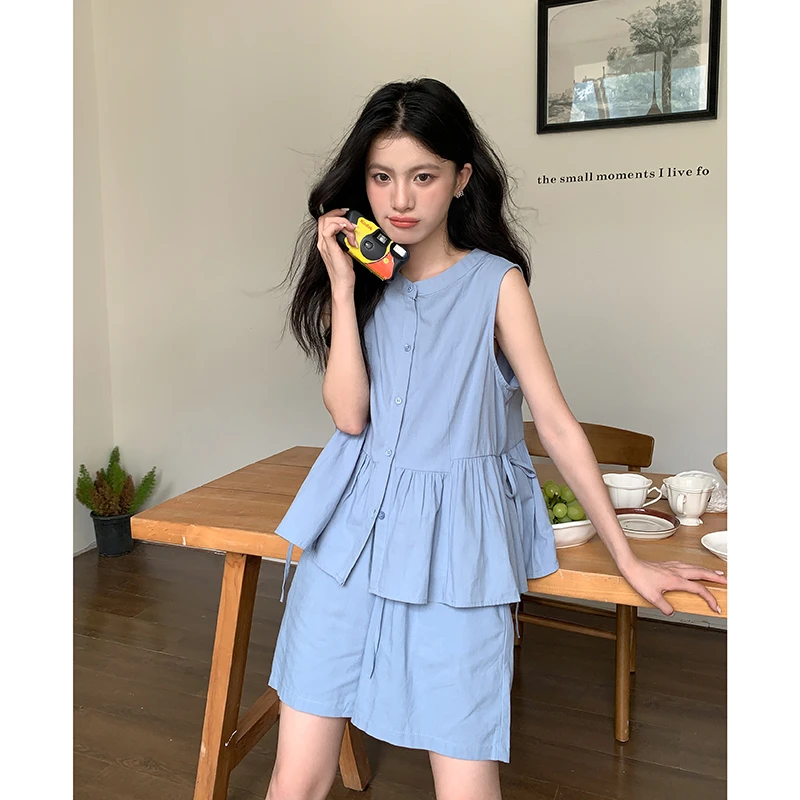 雨后天晴！悠闲时光的宽松拼接纽扣上衣和短裤套装DS11937+DK1193