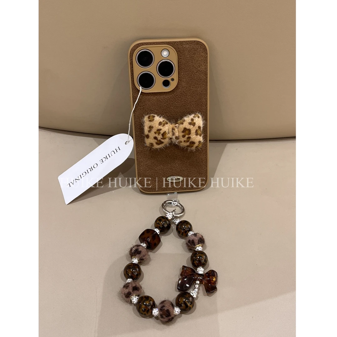 秋冬复古皮质豹纹蝴蝶结适用17苹果16手机壳iphone15/1413promax