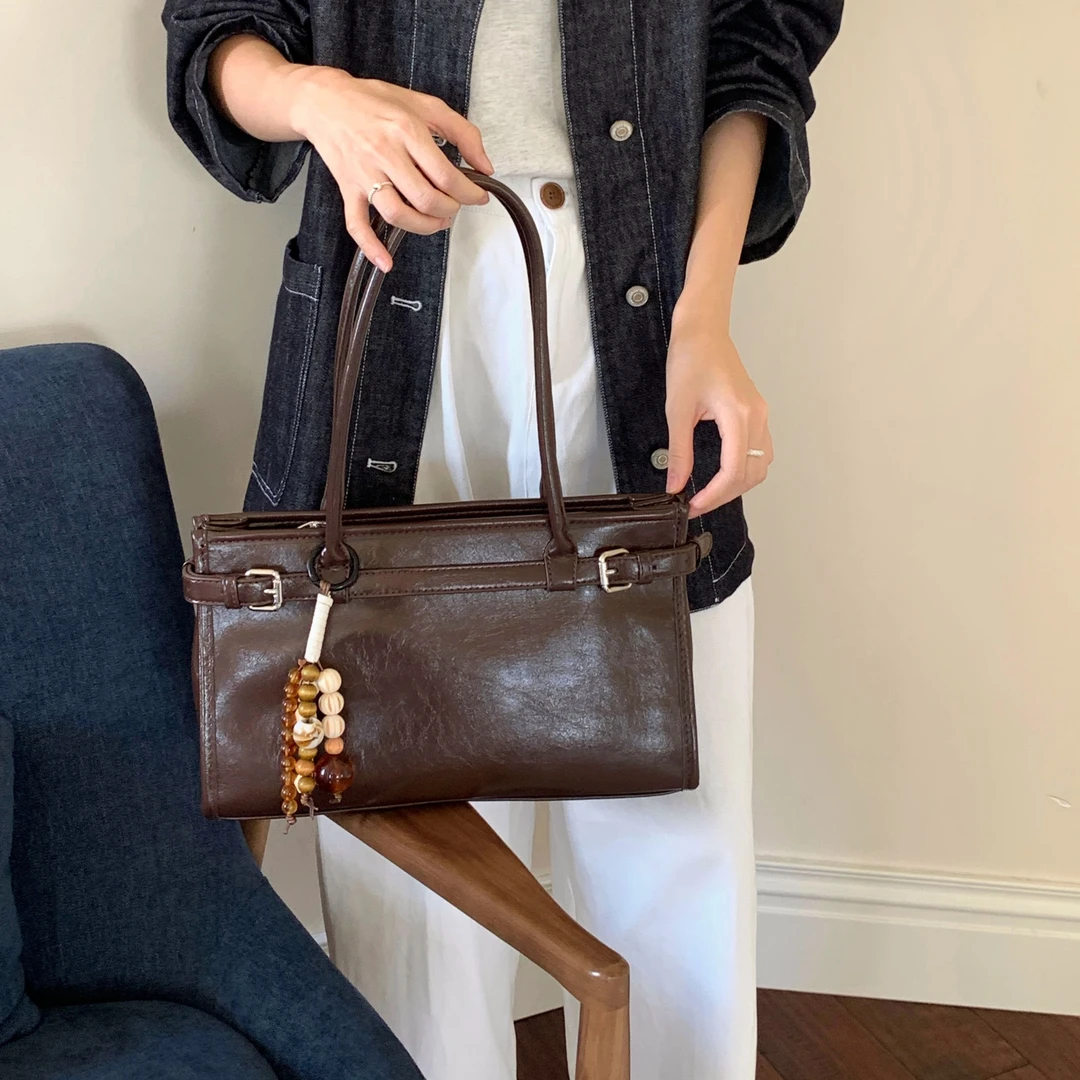 竹笋喵喵 复古油蜡皮机车包女2025新秋冬轻奢质感高级腋下托特包