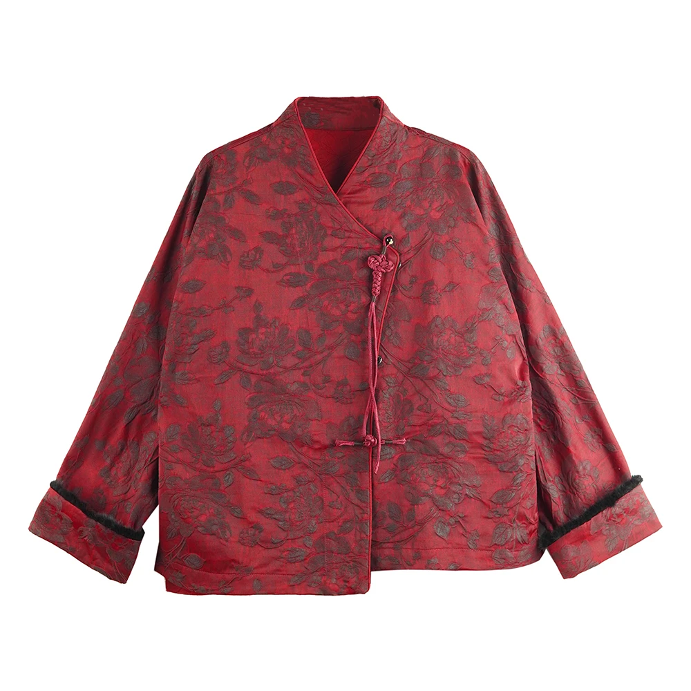 LN 2025时尚新款艳阳红长袖不对称短外套国风上衣24796M