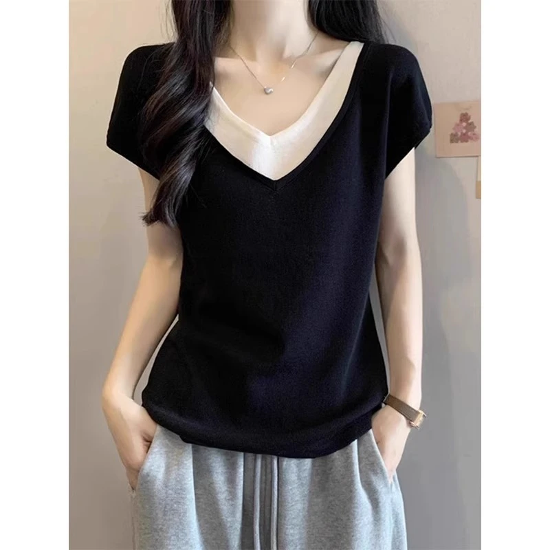 假两件撞色短袖女T恤夏季2025年新款宽松显瘦正肩体恤V领针织上衣