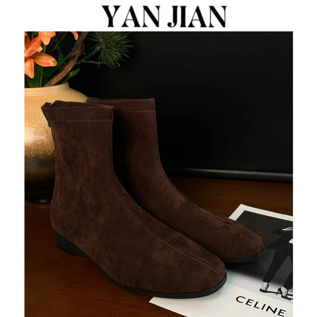 YAN JIAN【旅行靴】牛皮绒面后拉链羊皮内里切尔西短靴