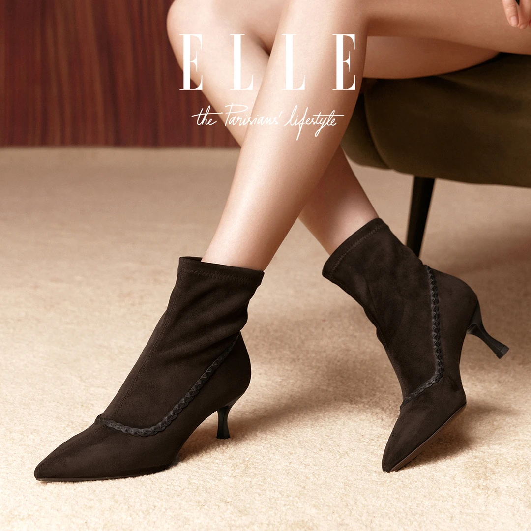 ELLE流光风小众设计感韩系短靴女2025爆款细跟通勤百搭弹力瘦瘦靴