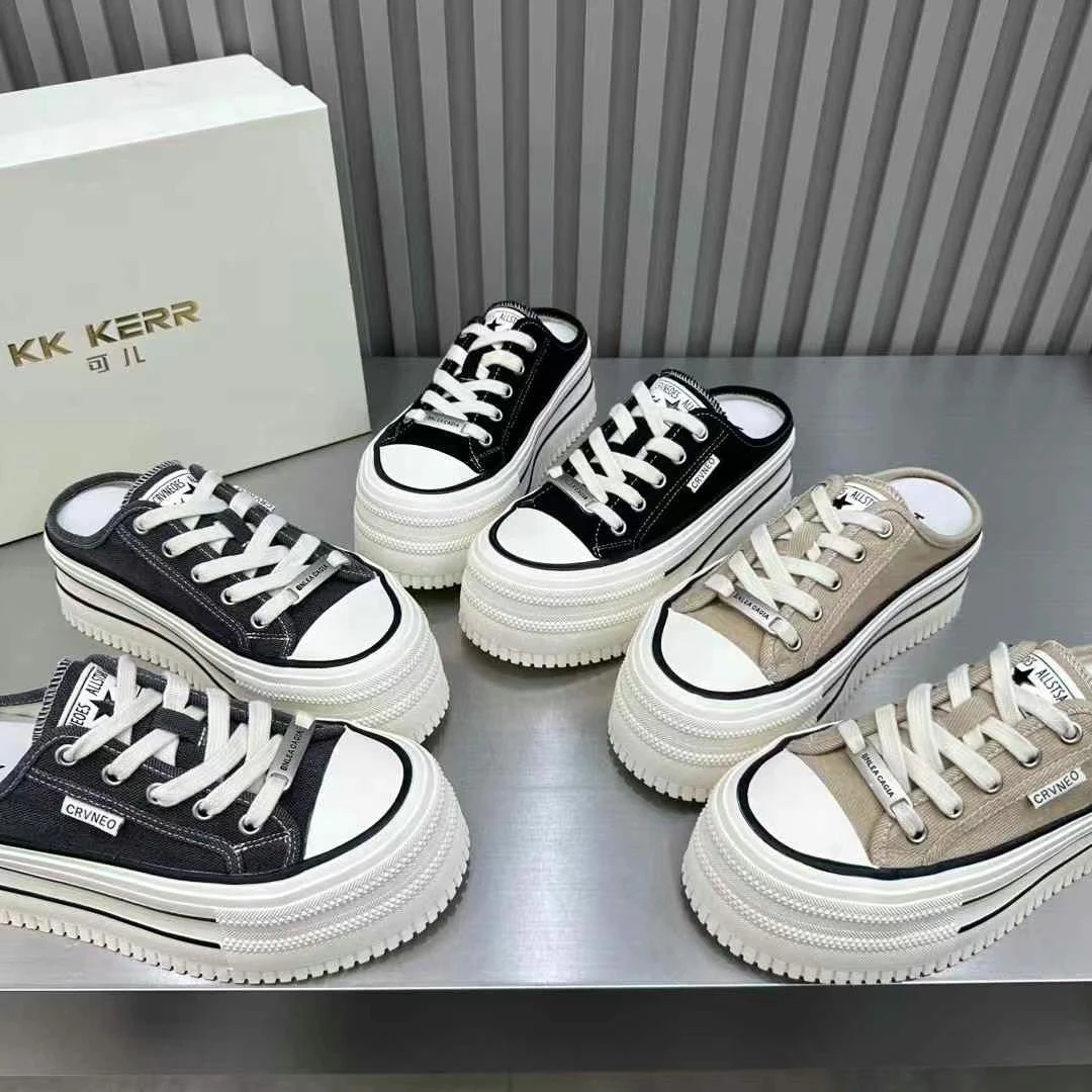 韩版厚底帆布拖鞋女2025夏季新款圆头系带包头拖鞋外穿百搭半拖鞋