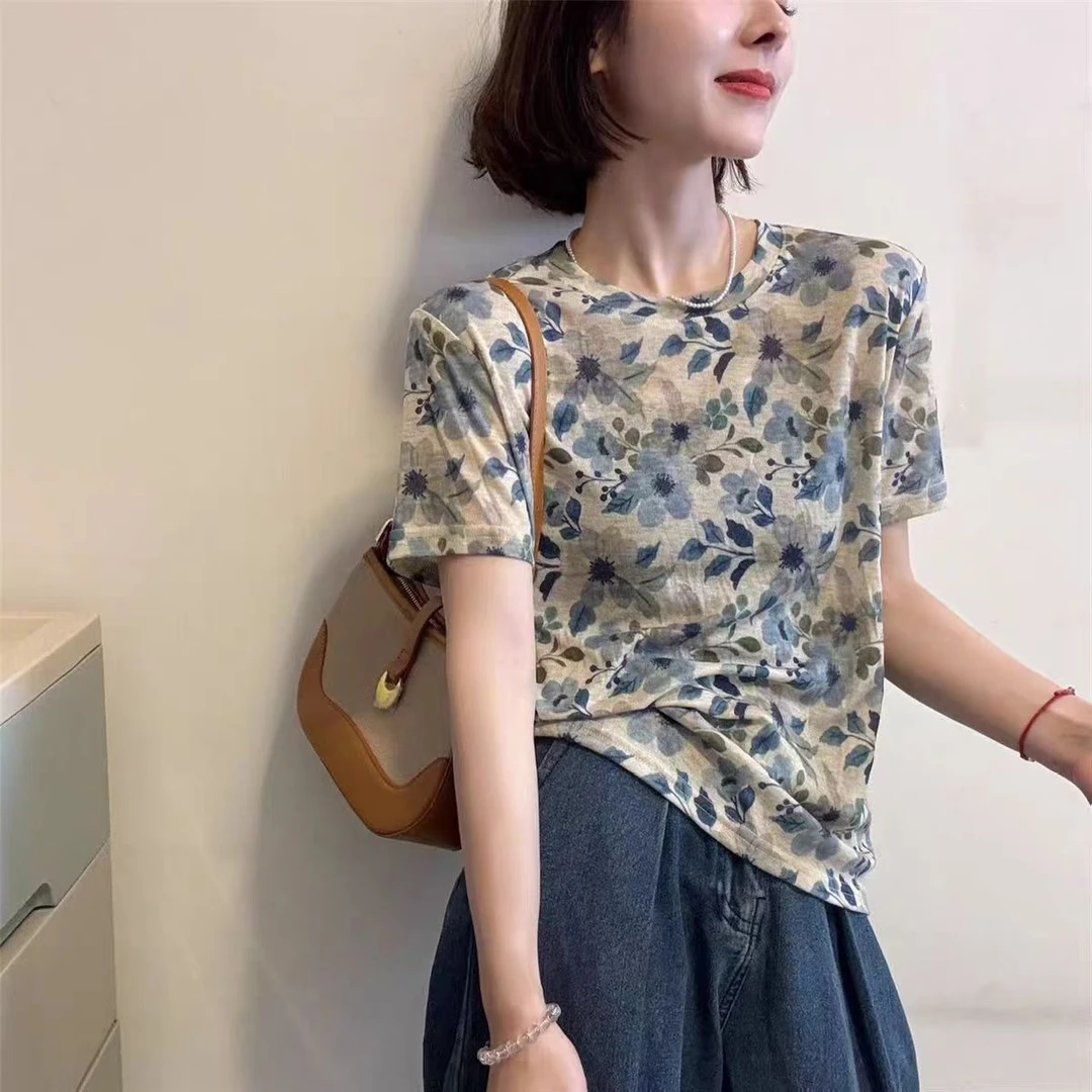 25326#港风天丝碎花洋气短袖上衣