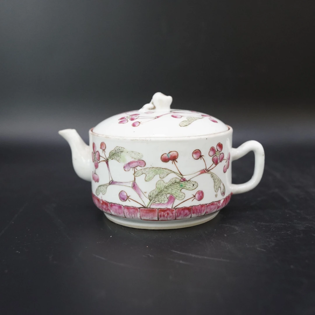 Lot.25070527-1清同治粉彩花卉纹参汤壶 高：约9.2cm宽：约16cm