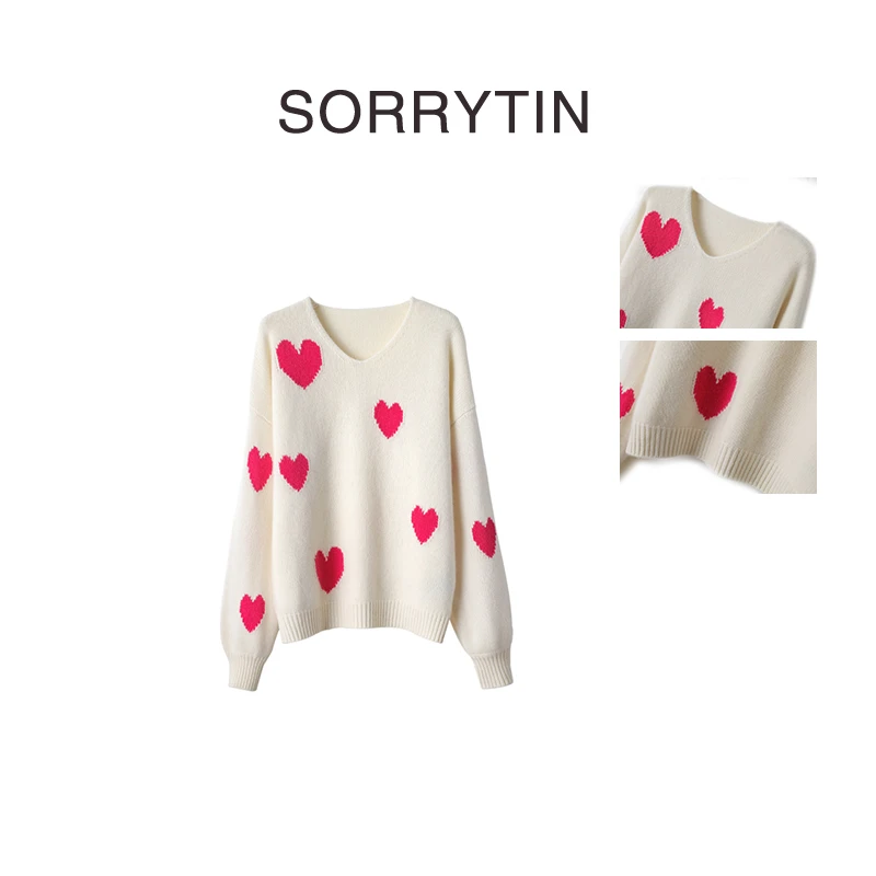 《北极桃心》SORRYTIN 挂毛刺绣提花 白富美红色爱心加厚羊绒毛衣