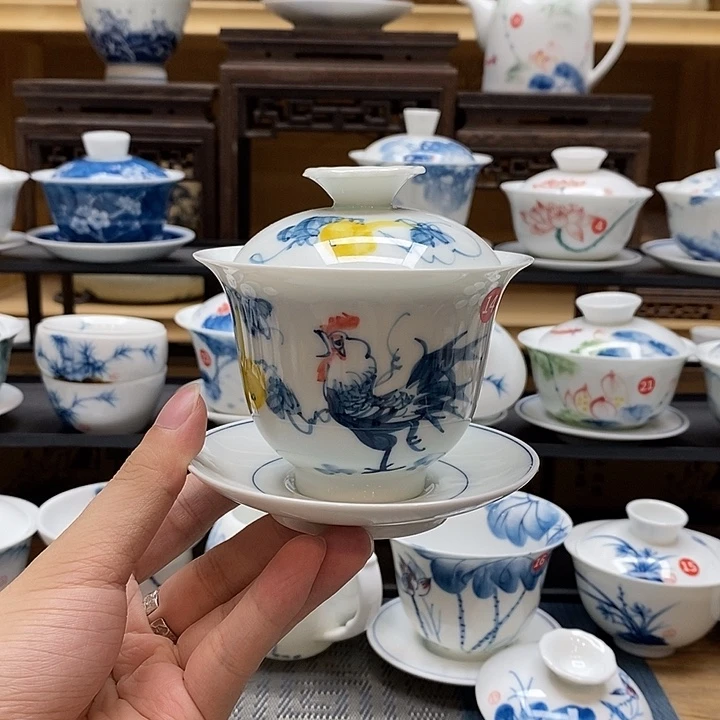 手绘公鸡160盖碗釉下彩高温瓷微瑕福利款