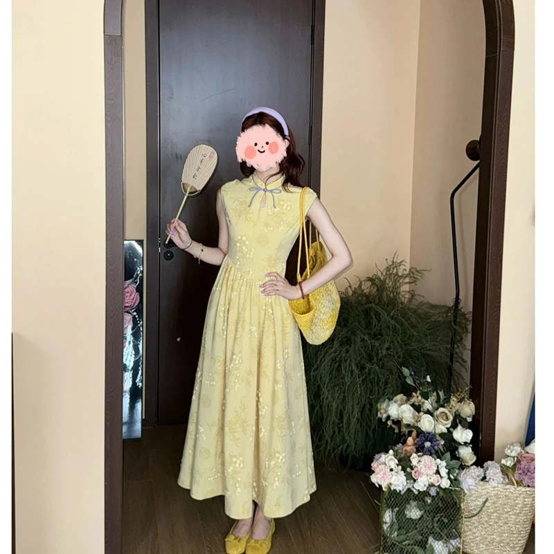 FRVXO【白月光】旗袍款竹梅图案黄色连衣裙夏季无袖收腰新中式长裙