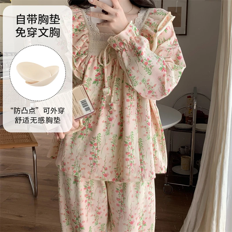 可外穿春秋新款长袖长裤女带胸垫甜美可爱大码宽松家居服82047