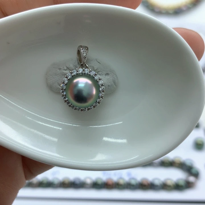 海水珍珠银S925镶嵌颈饰9+孔雀绿炫彩 安安