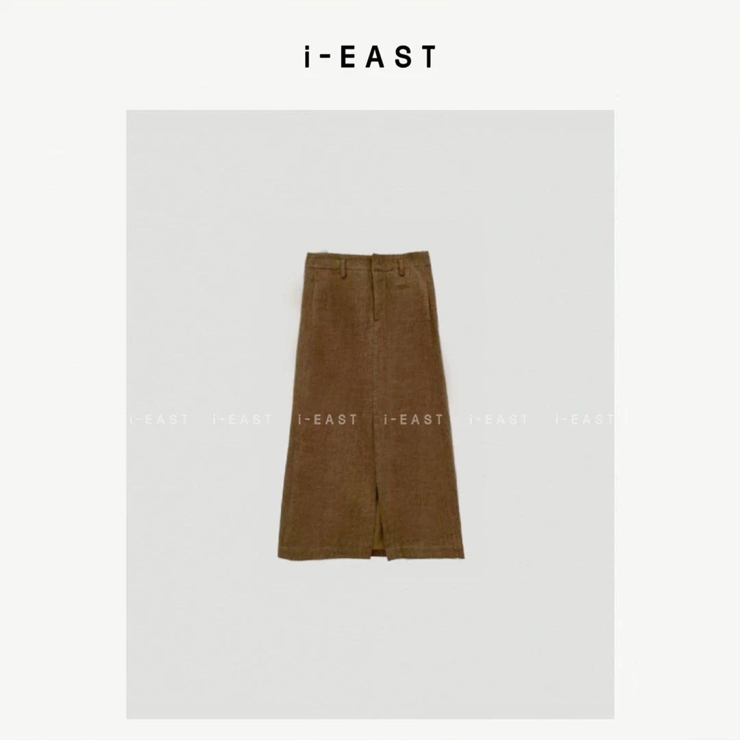 i-EAST 复古摩卡~下摆开衩设计感高腰半身裙-4Q K1021