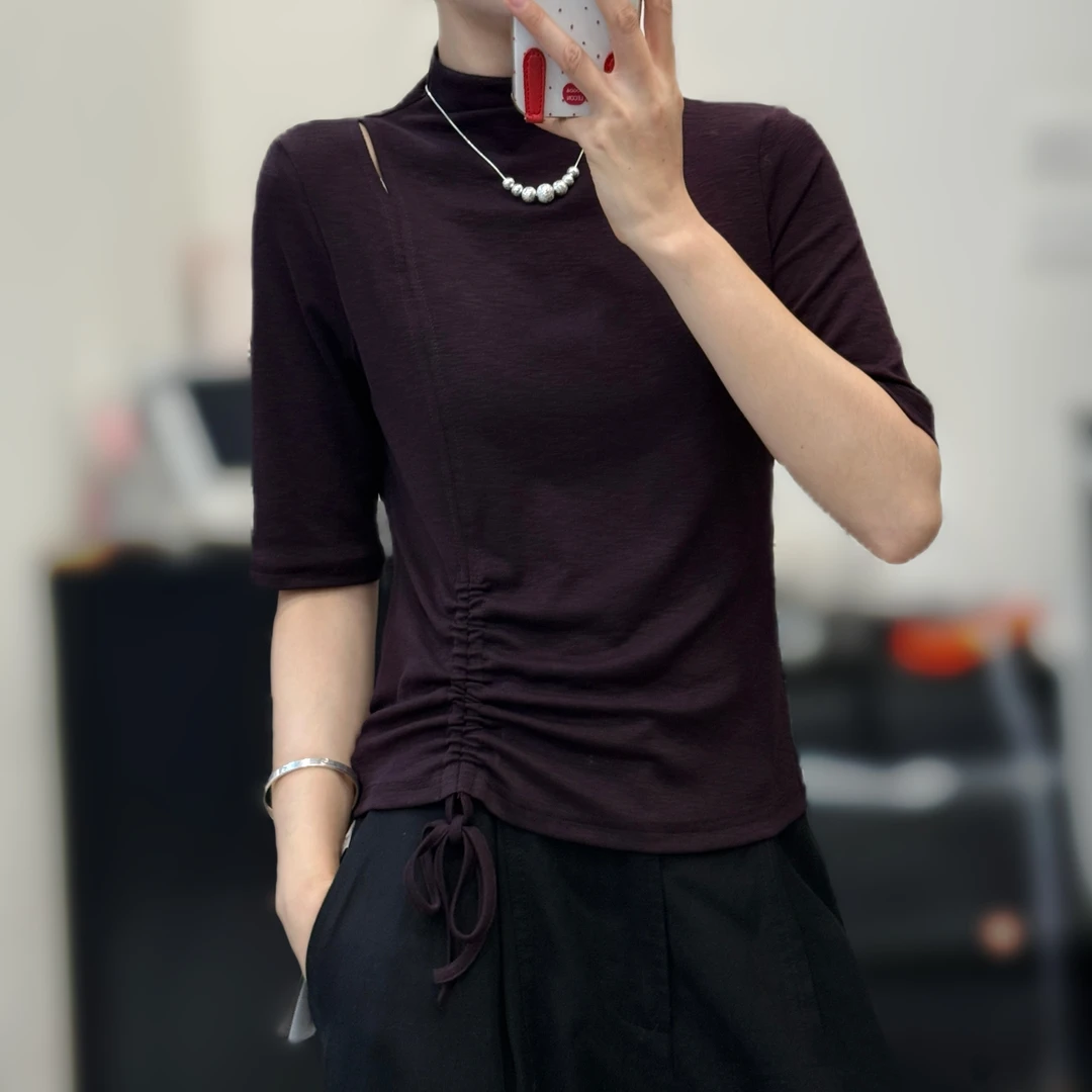 秋季简约气质休闲纯色女中袖T恤显瘦褶皱不规则半高领修身女上衣