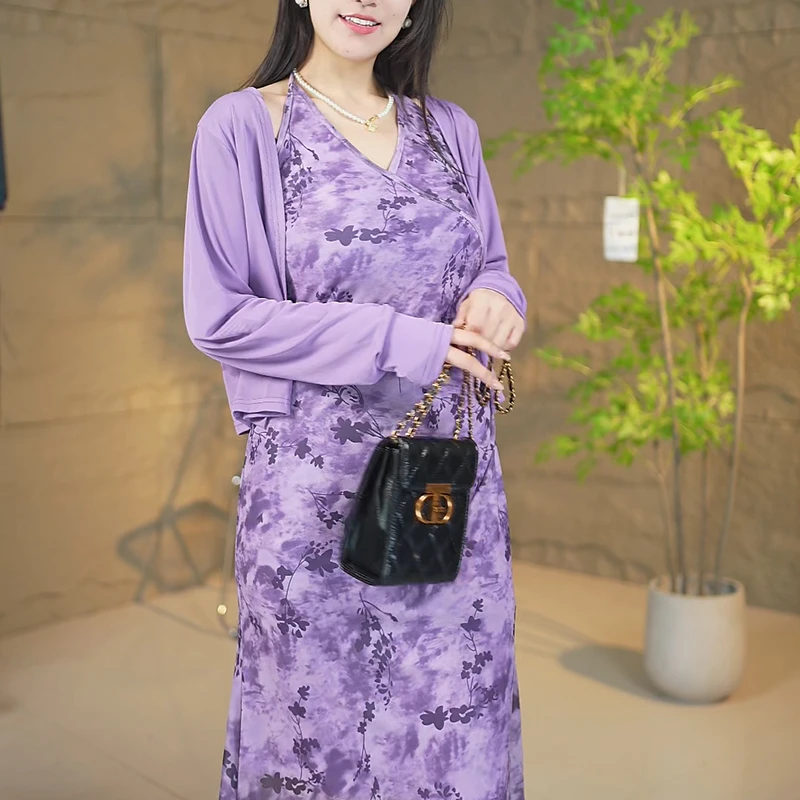 春夏新款时尚气质复古印花紫色女士民族风长款上衣连衣裙两件套