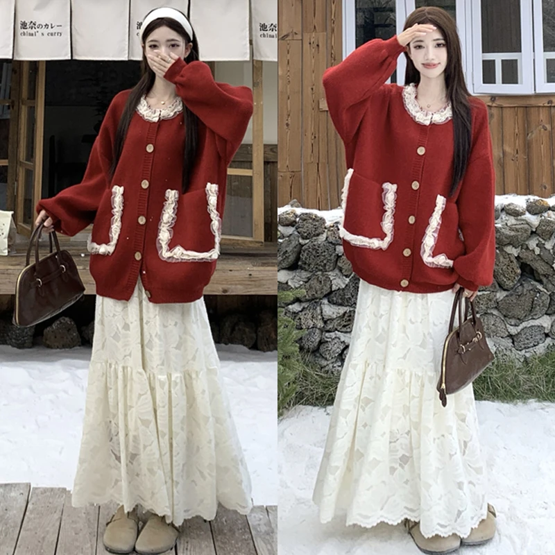 大码胖mm气质毛衣套装女秋冬慵懒风软糯上衣显瘦蕾丝半身裙套装女