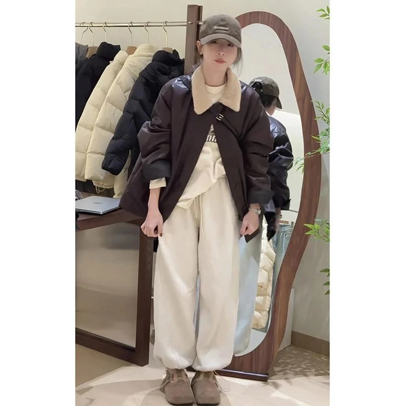 【300斤胖妹妹】今年流行pu皮衣女冬季加厚韩版时尚羊羔领棉服外套