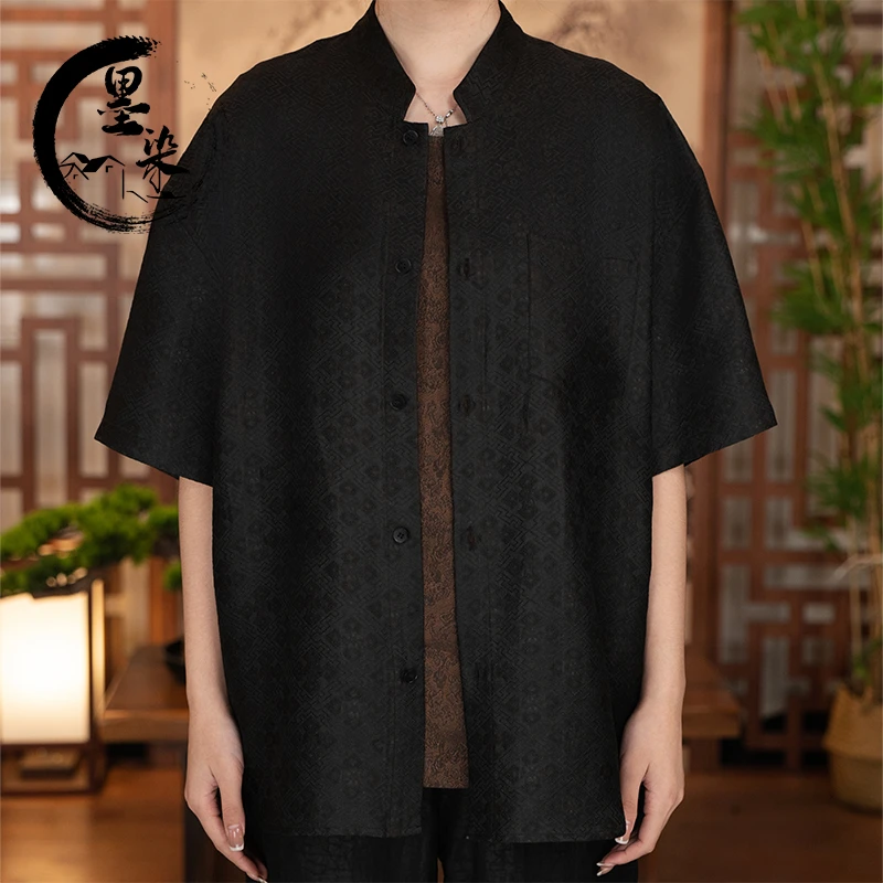 [墨染香云纱]夏季中式菱形格三经绞萝香云纱双穿立领短袖JL0512DX