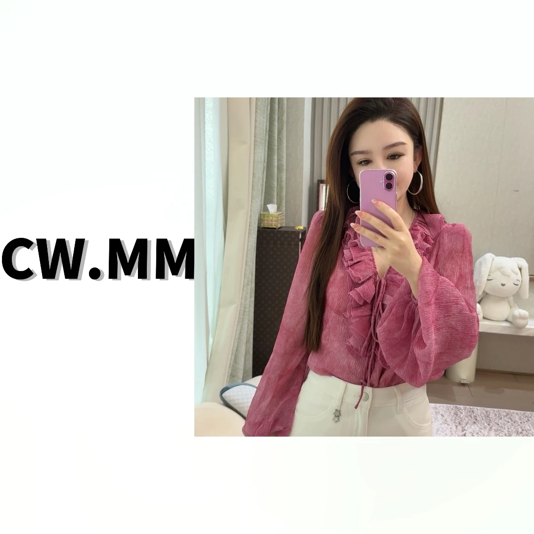 CW.MM ~迷雾粉 洋气减龄荷叶领绑带灯笼袖上衣
