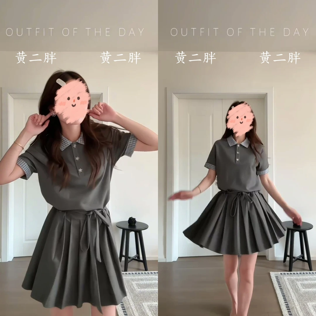 2025设计感短袖格子拼接polo领百褶连衣裙学院风miu系裙子女