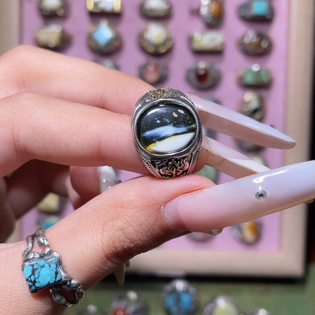 琥珀银S925镶嵌戒指