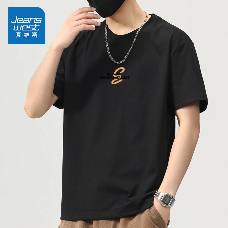 Jeanswest/真维斯潮牌百搭印花短袖男士夏季薄款宽松圆领半袖T恤