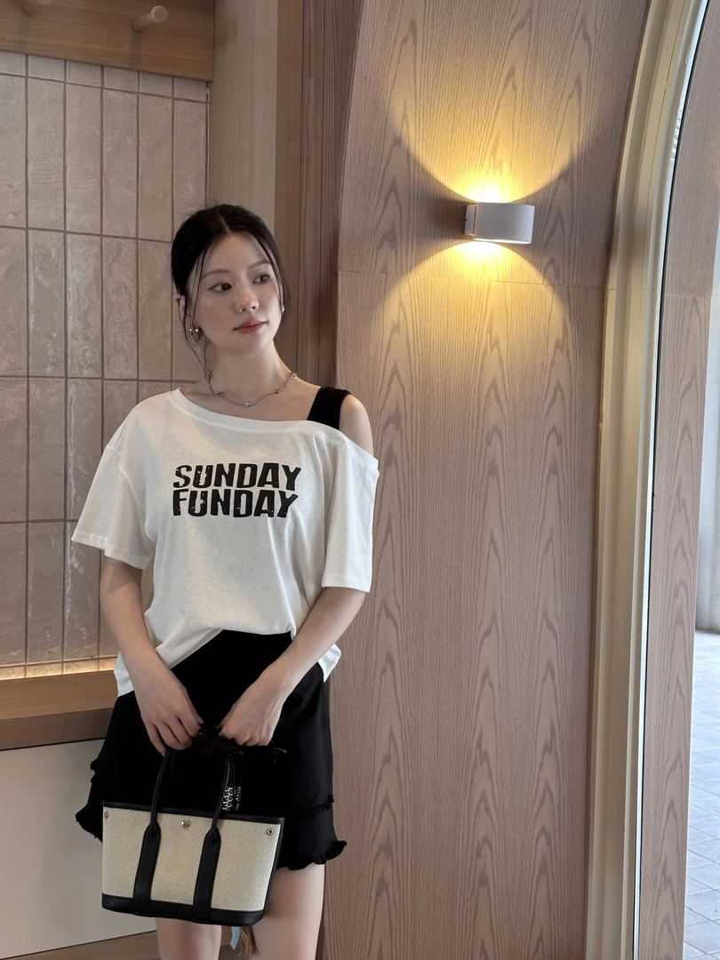 DADING   2025夏季时尚斜肩撞色短袖T恤井85338