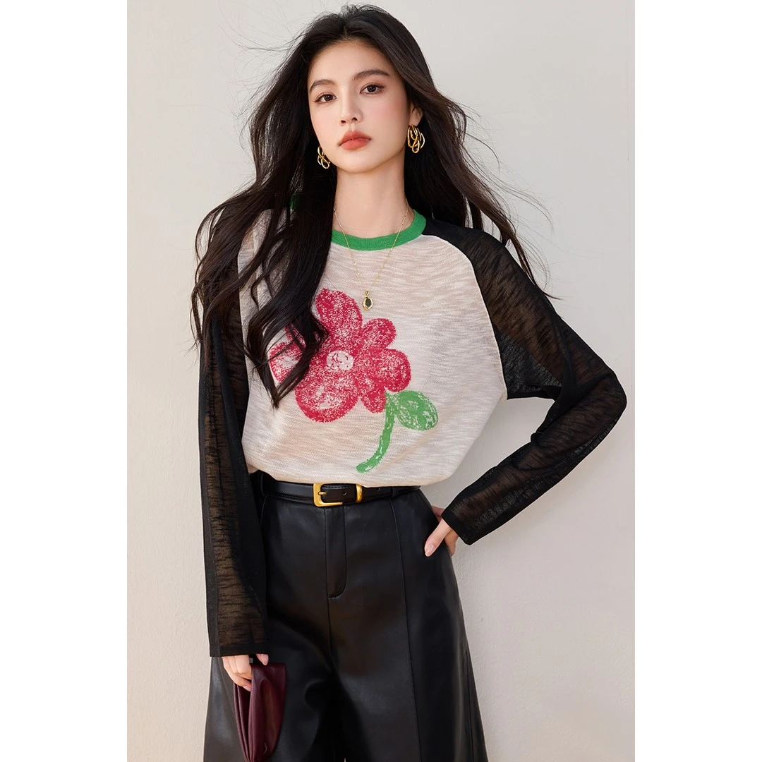 【 撞色小花】Y8580小花印花撞色拼接长袖针织衫女宽松休闲T恤上衣