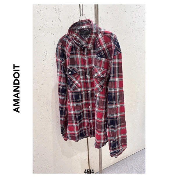 4514丨格黑格子美式复古磨毛水洗长袖翻领衬衫