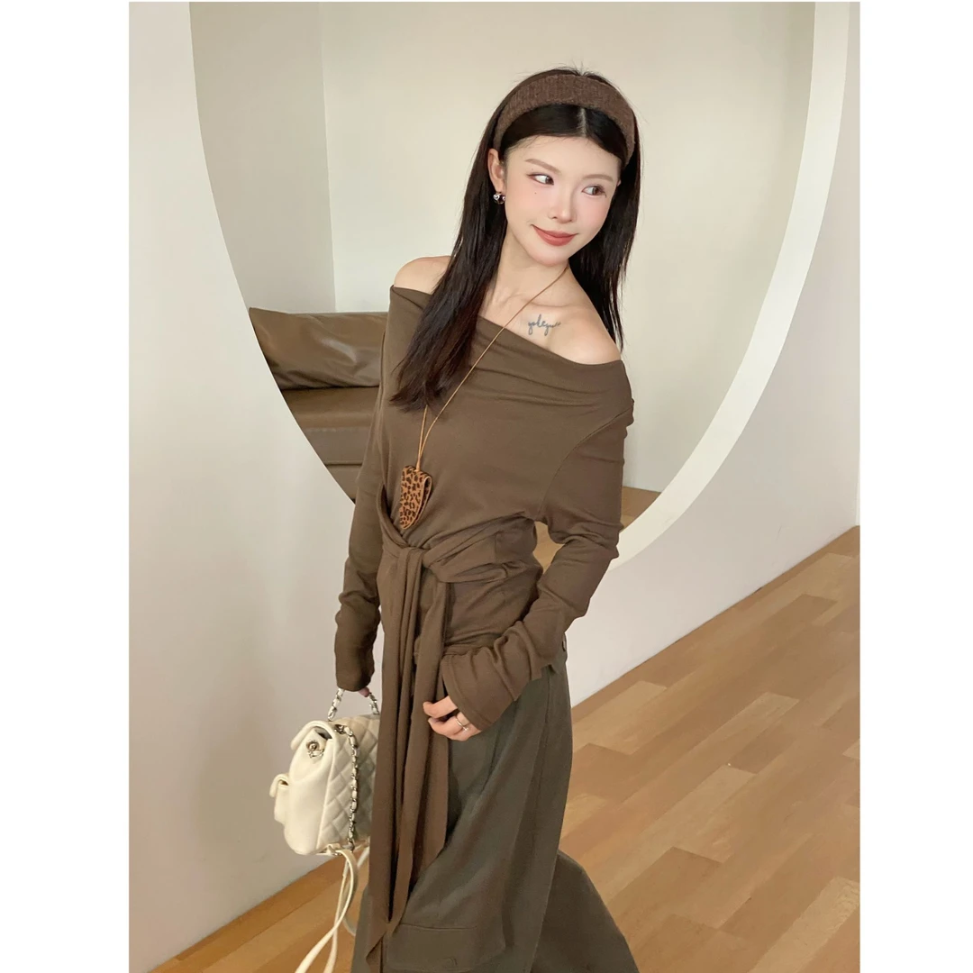 【栗子糖】简约纯色一字肩绑带长袖T