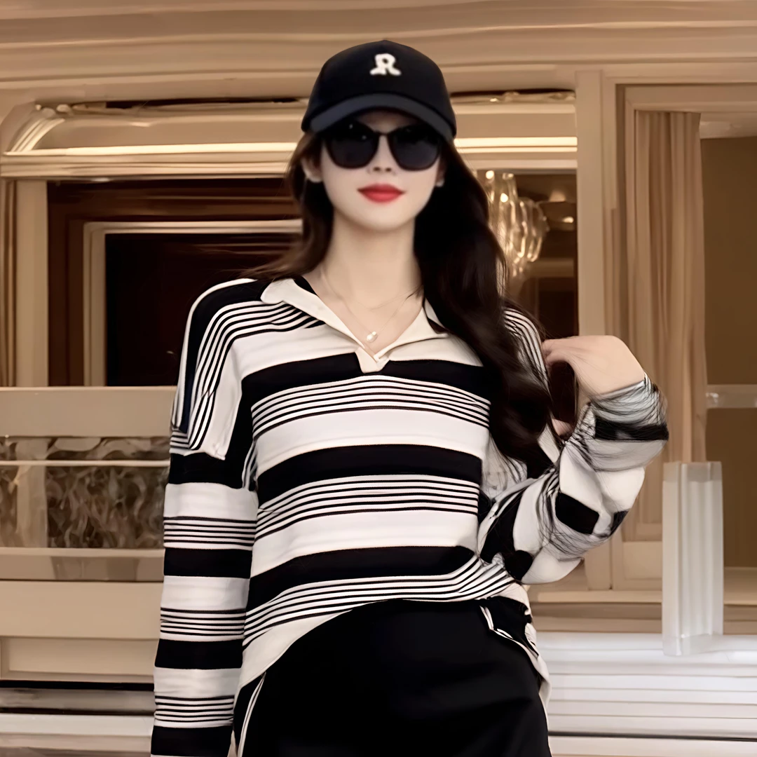 2025新款条纹长袖t恤女秋季大版宽松洋气内搭打底衫圆领上衣30729