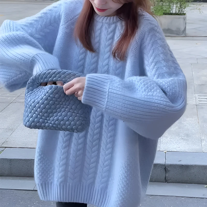 温柔风奶呼呼蓝色麻花毛衣女2025秋冬新款中长款宽松慵懒软糯毛衣
