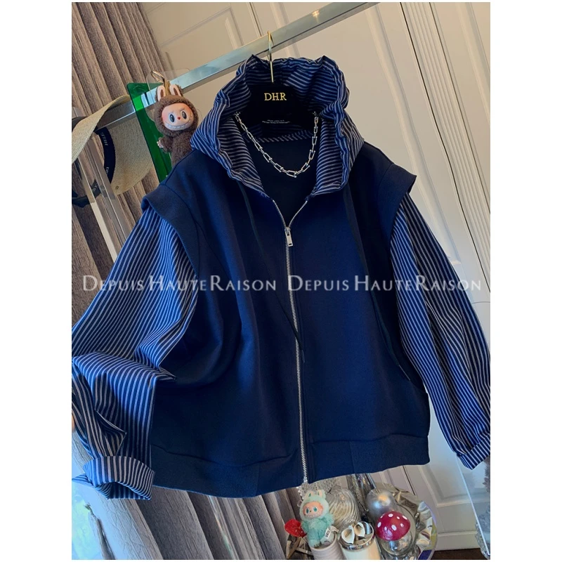 300斤大码条纹拼接马甲长袖衬衫初秋男女复古休闲假两件连帽卫衣