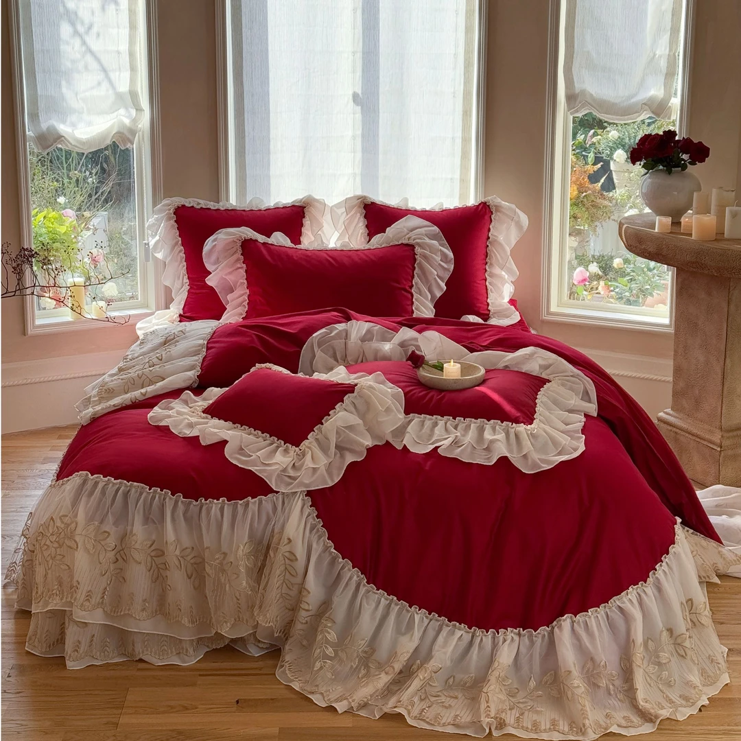 金色年华-轻奢法式花边全棉四件套贡缎四件套纯色荷叶边公主风