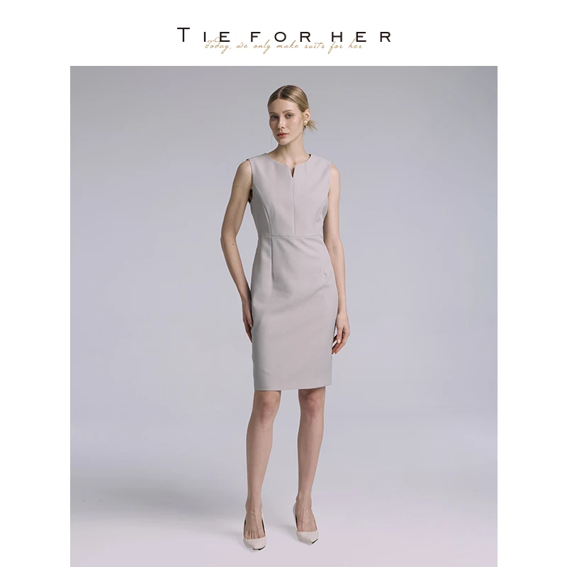 "萨维尔影"简约小V领无袖收腰显瘦优雅气质职场通勤连衣裙TQF013
