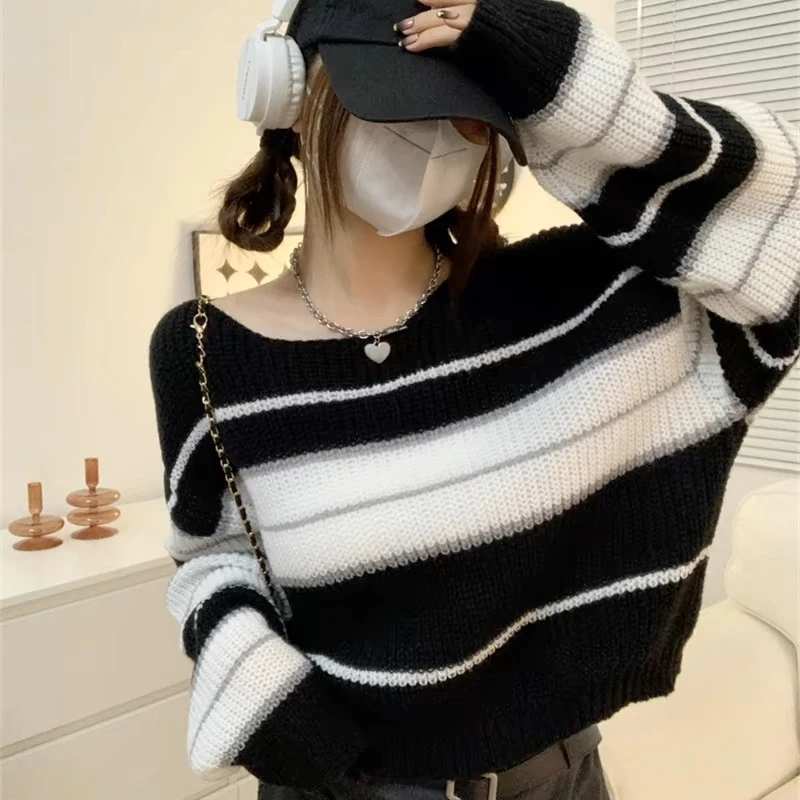 日系复古软糯条纹短款毛衣女2025春秋小众设计感宽松百搭针织外套