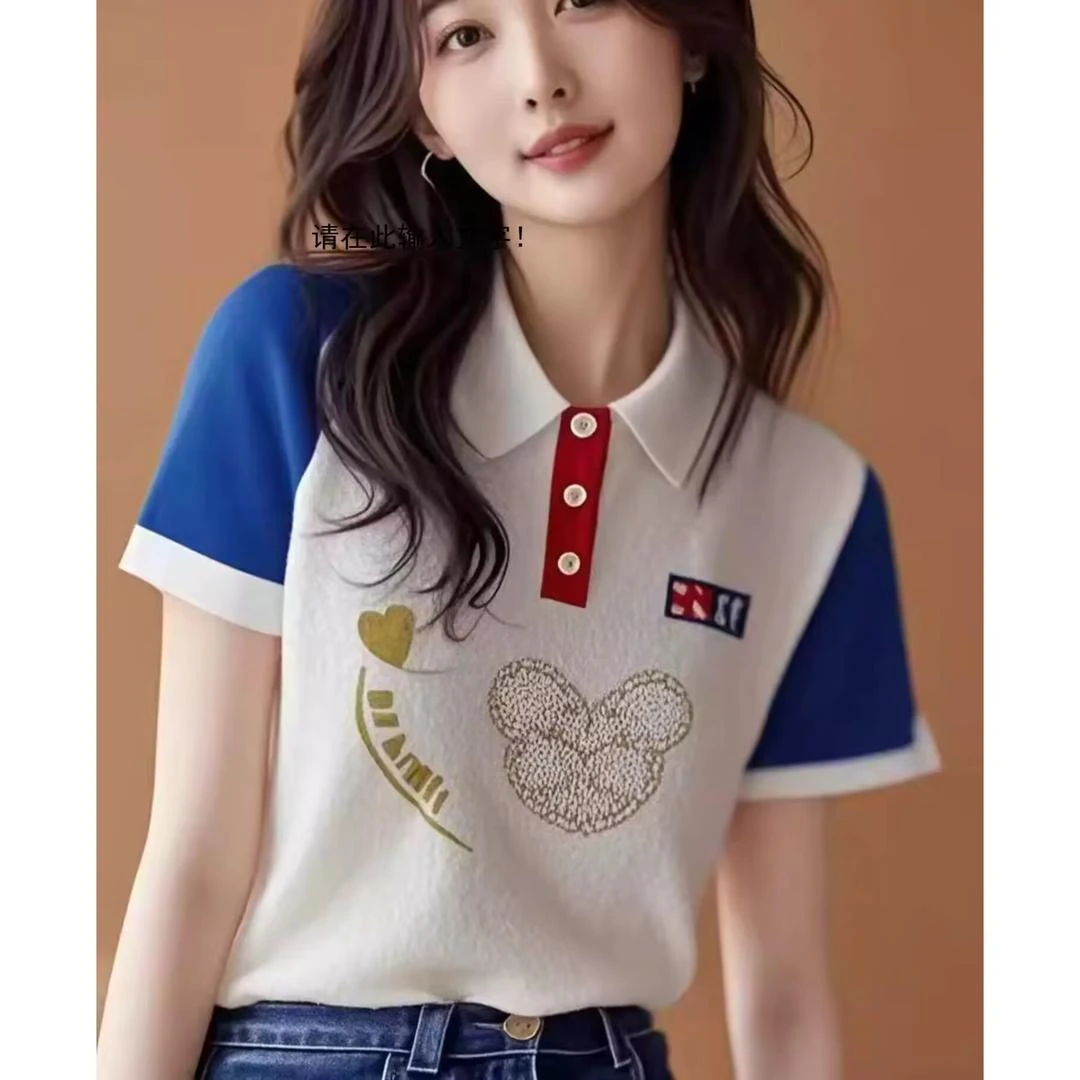 哥弟阿玛施正2025夏季新款时尚撞色印花POLO领显瘦针织短袖T恤女