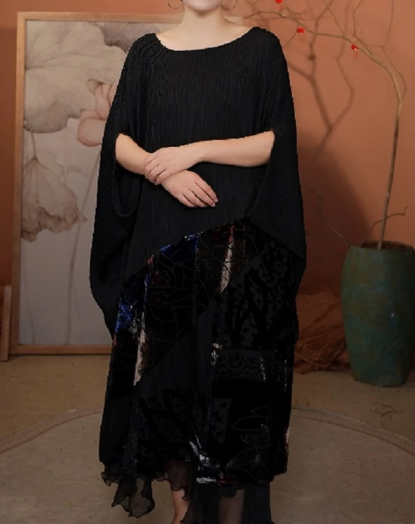 【山海轻奢】L23276新款黑色牙签纹拼荷叶丝绒气质连衣裙