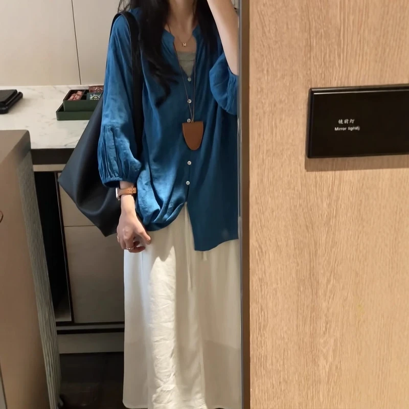绝美小众设计感蓝色棉麻衬衫女夏季薄款舒适百搭气质衬衣防晒上衣