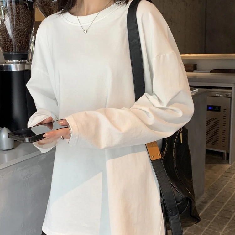 孕妇装纯棉宽松打底衫女秋新款圆领基础款百搭白色长袖T恤中长款