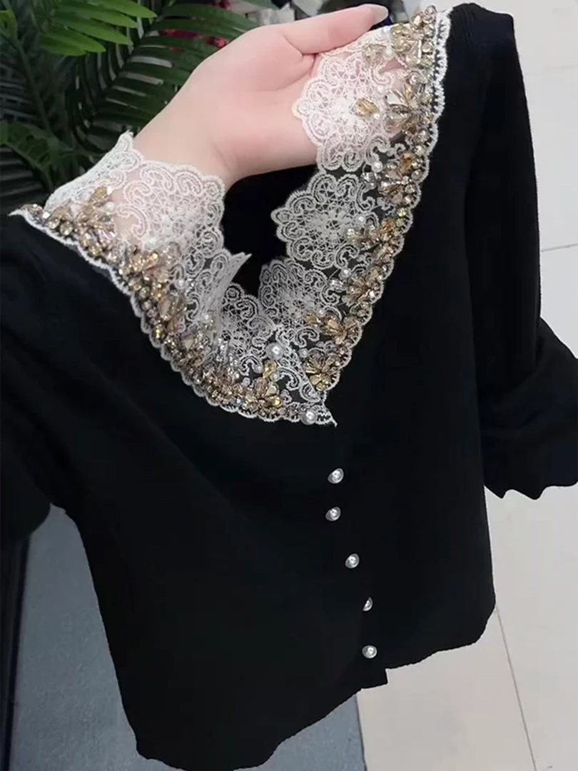 【单单自留】重工手工钉珠设计感黑色上衣女气质修身显瘦长袖针织衫