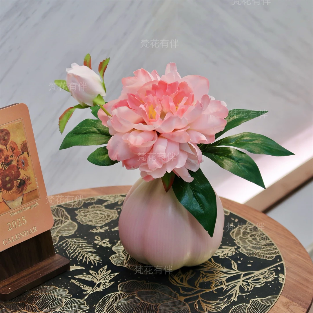 粉牡丹花搬新家仿真花客厅餐桌装饰床头柜高级感陶瓷摆件