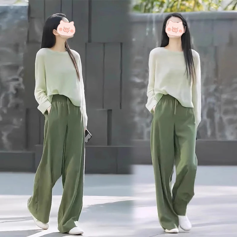 2025春装搭配一整套超火慵懒松弛感绿色圆领上衣阔腿裤两件套装女