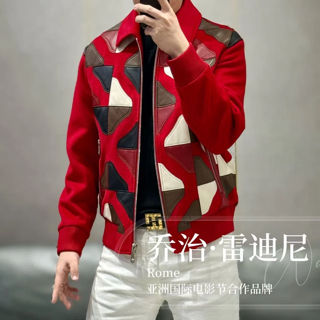 【乔治·雷迪尼】高端男士多色重工拼皮羊毛夹克257083