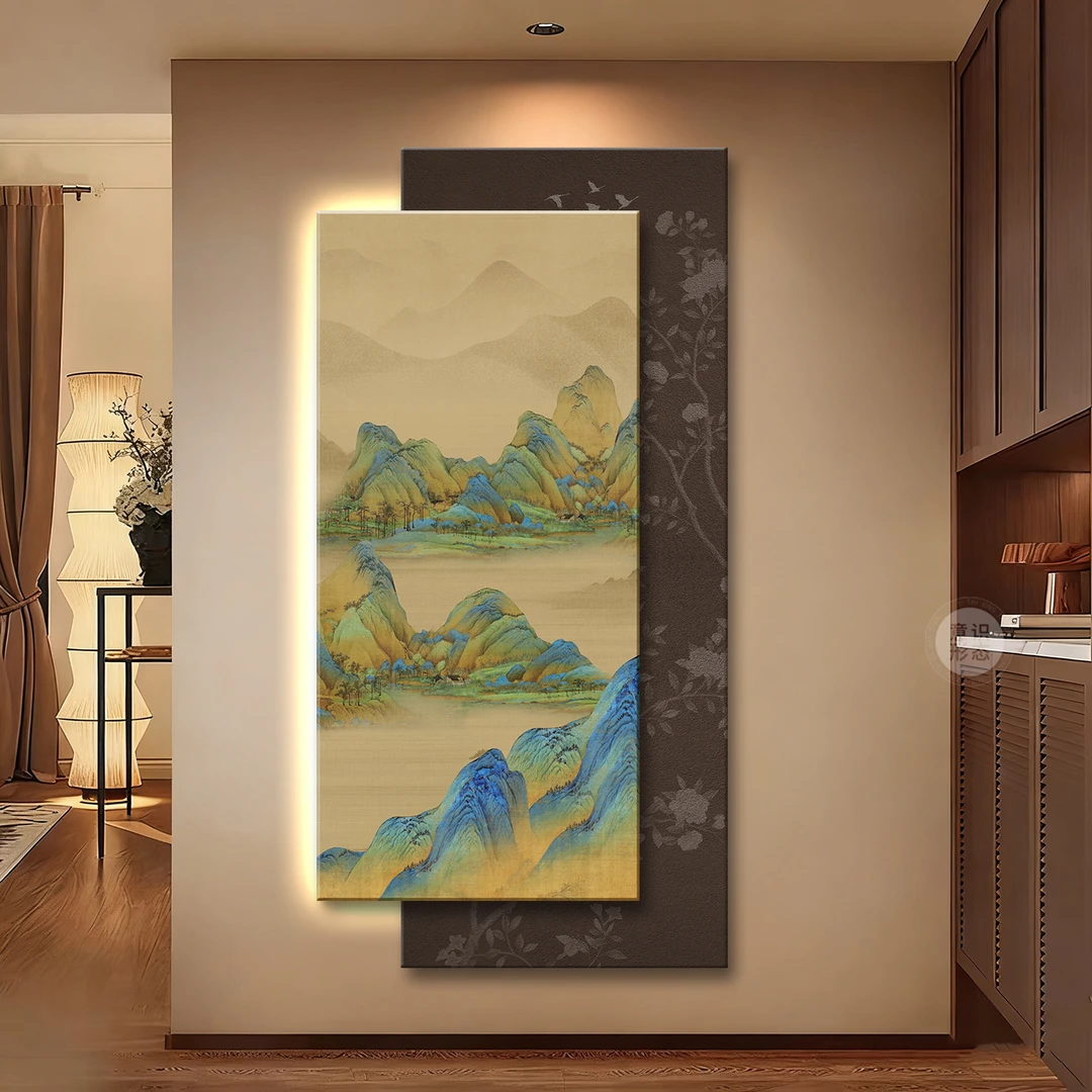 千里江山图玄关装饰画宋代美学入户正对门挂画led灯茶室书房壁画