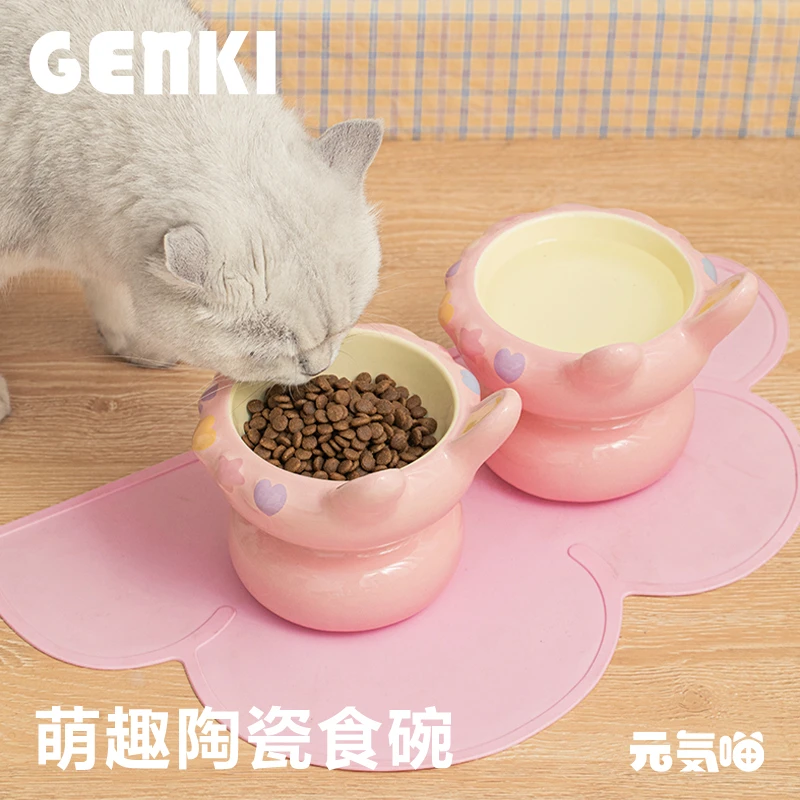 元気喵丨猫碗陶瓷高脚保护颈椎防打翻大容量猫咪狗狗吃饭喝水猫碗