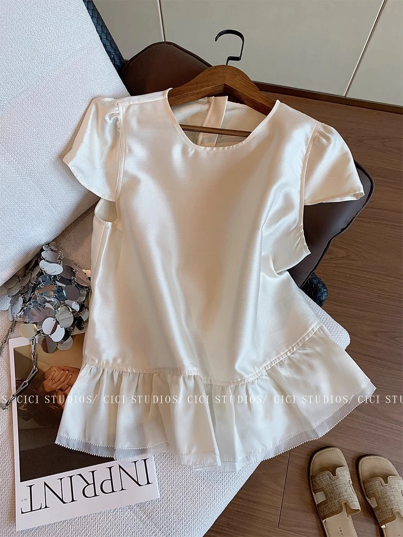 法式轻奢荷叶边拼接短袖衬衫女夏季2025新款减龄温柔气质醋酸上衣